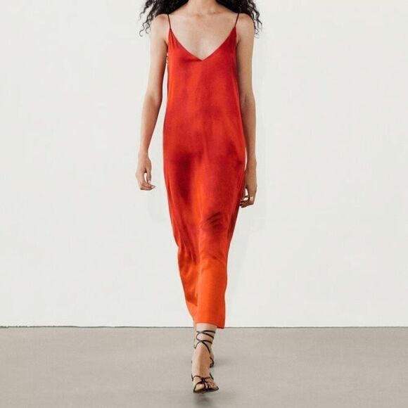 Massimo Dutti Women Midi Slip Dress L Large Red Ombre Print Flowing 6641/813 NWT - Picture 3 of 11